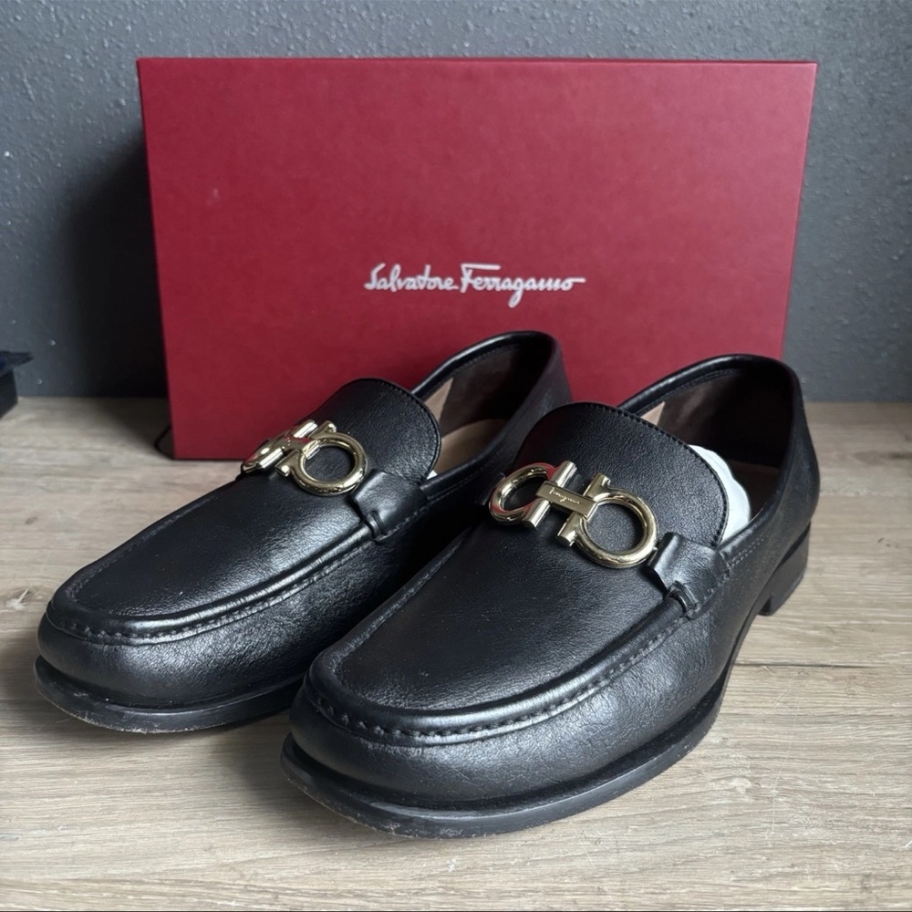 Salvatore Ferragamo ROLO Black Leather Men Loafers 8 EE